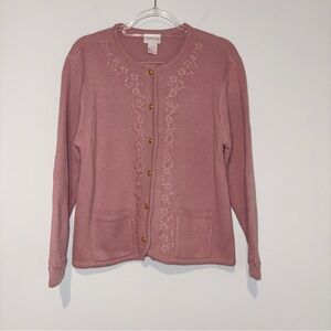 Crystal Kole Vintage Floral Embroidered Patch Pocket Button Sweater Gold Pink‎ M
